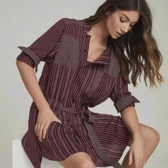 REISS Albi Shirt Dress Burgundy Striped Long Sleeve Midi Workwear Capsule Style - Picture 1 of 9